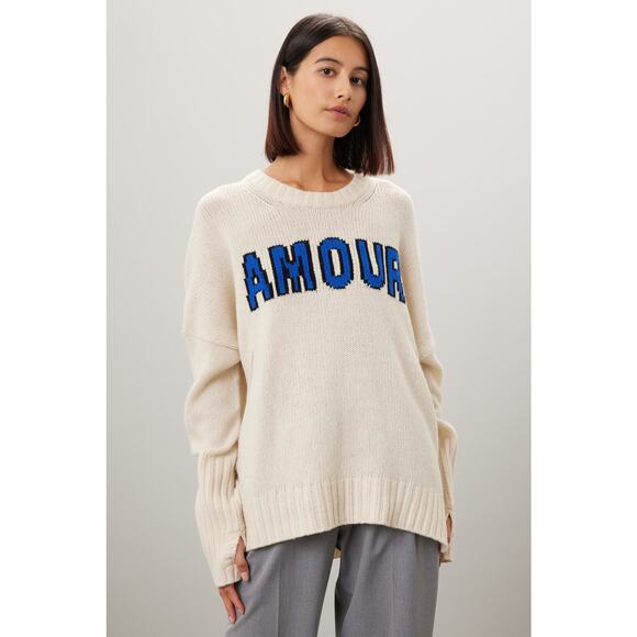 Zadig & Voltaire Malta Amour Cream Blue Varsity Wool Crewneck Sweater Size Large - Picture 1 of 16